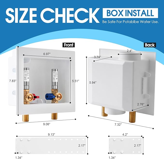 Washing Machine Outlet Box with Stainless Steel Water Hammer Arrestor, 1/2 Inch MIP&Sweat x3/4 Inch MHT with Center Drain, Washer Faucet Recessed Box, Laundry Washer Valve Outlet Box