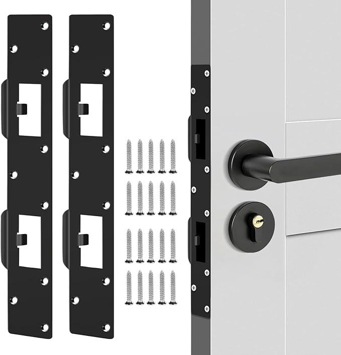 Double Holes Latch Reinforcement Plate Heavy Duty Security Latch Plate Security Striker Plates for Exterior Interior Door Deadbolt Fix Door Frame for 4.5 inch Hole Center (Black-2Pcs)
