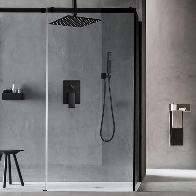 16 Inch Ceiling Mount Matte Black Shower System Bathroom Luxury Rain Mixer Shower Combo Set Ceiling Rainfall Shower Head System (Contain Shower Faucet Rough-in Valve Body and Trim Kit)