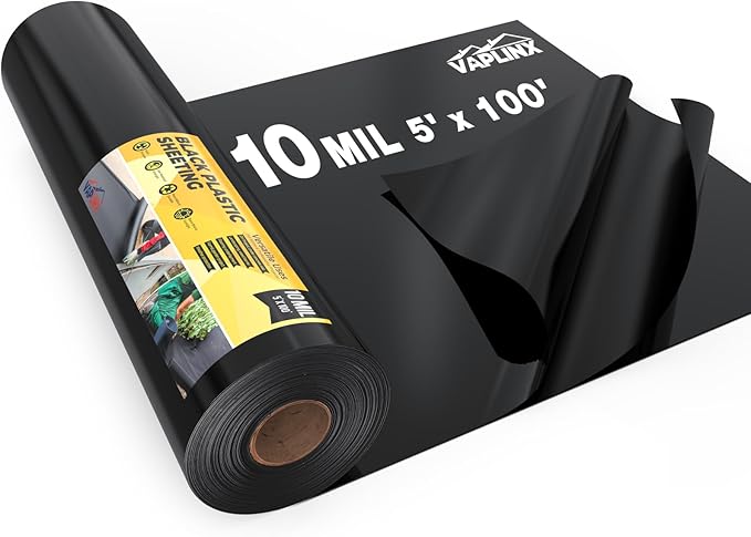 10 Mil Black Plastic Sheeting 5x100 FT – UV Protection Poly Sheeting Polyethylene Film, Black Plastic Rolls for Garden, Crawl Space Vapor Barrier, Construction, Landscaping, Weed, Moisture Control