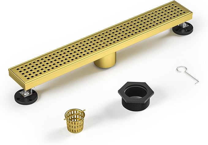 Linear Shower Drain 18", 304 Stainless Steel Floor Drain with Grid Drain Cover & Hair Strainer, Rectangular Shower Drain w/CUPC Certified, Brushed Gold