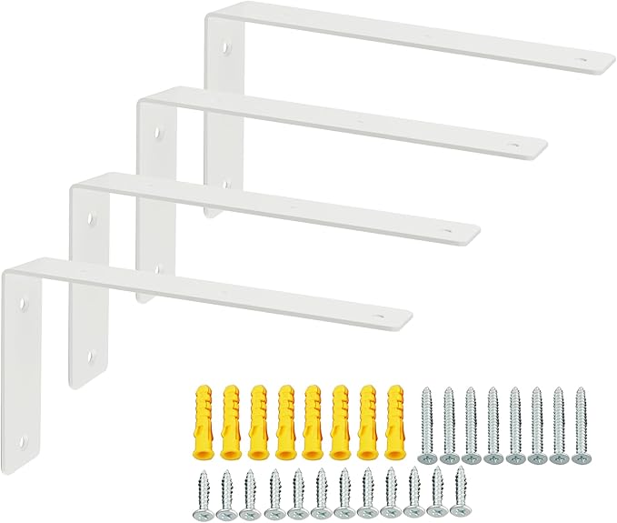 Alise Floating Shelf Brackets Heavy Duty L-Shaped Wall Brackets - White Angle Corner Braces for Shelves, Stainless Steel Reinforced Shelf Support Bracket for Wooden Boards 9x5 Inch,Pack of 4