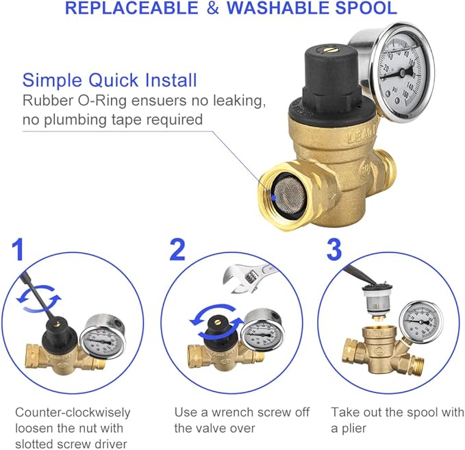 EFIELD RV Water Pressure Regulator Valve, Adjustable Water Pressure Reducer with Gauge and Inlet Screen Filter for RV Camper Travel Trailer,(TOOL029)
