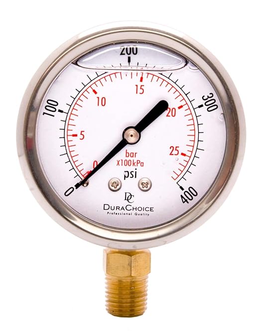 2" Oil Filled Pressure Gauge - Stainless Steel Case, Brass, 1/4" NPT, Lower Mount Connection, 0-400PSI