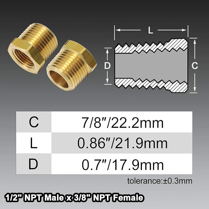 2pcs 1/2 Inch NPT Male Thread to 3/8 Inch NPT Female Thread Brass Pipe Fitting Reducing Hex Head Hose Bushing Tube Adapter Convert