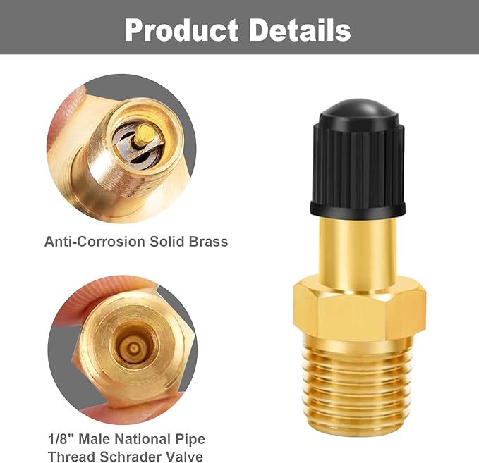 GODESON 1/8" NPT Tank Valve, Anti-Corrosion Brass Schrader Valve with 1/8" Male NPT and Caps, Air valve Using with Air Compressor Tanks (Pack of 2)