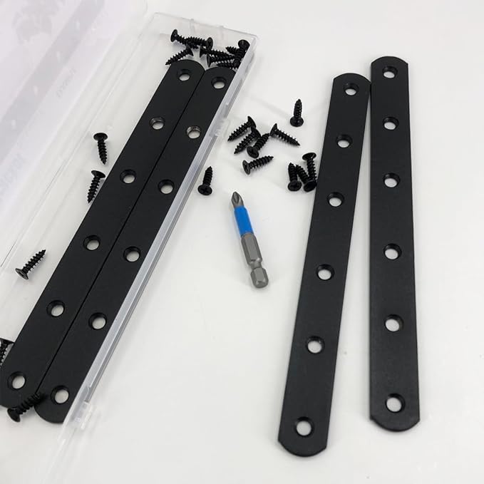 QSJ 4 Pcs Black Straight Bracket Brace Stainless Steel Brackets 195mm / 7.67" Brace for Wood with Screws and Screwdriver