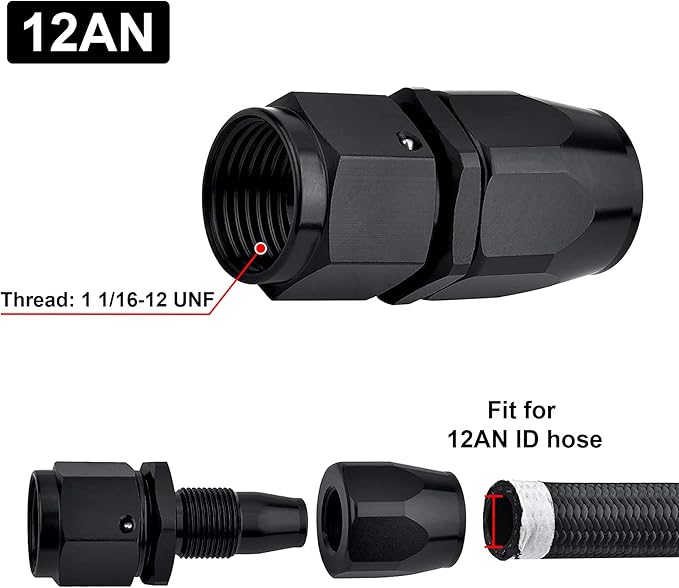 EVIL ENERGY 12AN Hose End Fitting Straight Swivel for CPE Braided Hose Black 2PCS