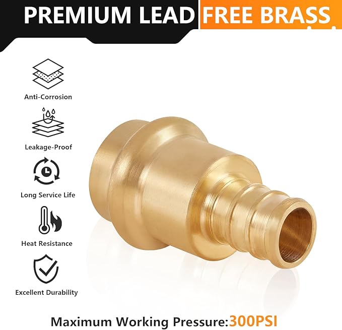 50-Pack HeSun Copper Press Fitting Adapter,1/2" PRESS X 1/2" PEX F1807 Crimp Coupling, LF Brass(PEX1807344-50)