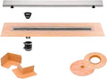 All-in-one Waterproof Linear Shower Drain Kit with 44 Inch Off-set Outlet Channel Body (KL1VO60E110) and Drain Grate Assembly (Cover) in Solid Design with Brushed Stainless Steel Finish (KL1AR19EB110)