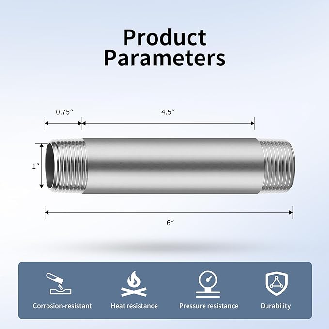 1"x6" 304 Stainless Steel Pipe, 1" NPTx 1" NPT Male Threaded Nipple, SCH40 Heavy Duty Pre-Cut Steel Pipe for Plumbing Gas, Hydraulic, and Industrial Applications(6", 6 Piece)