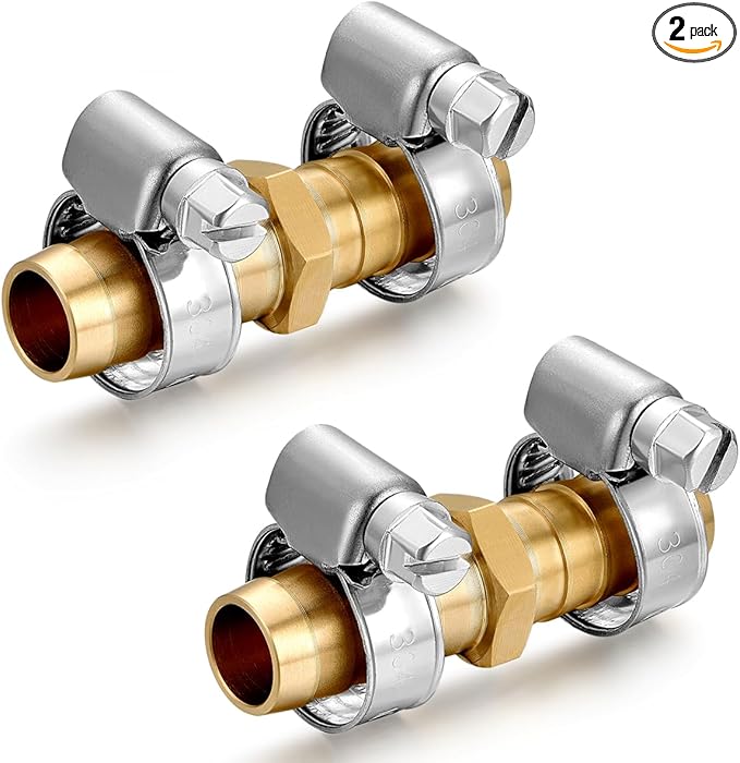 Garden Hose Repair Connector with Clamps,Solid Brass Hose Repair Kit, 1/2" Barb Garden Hose Fittings (1/2"Barb -2 Set)