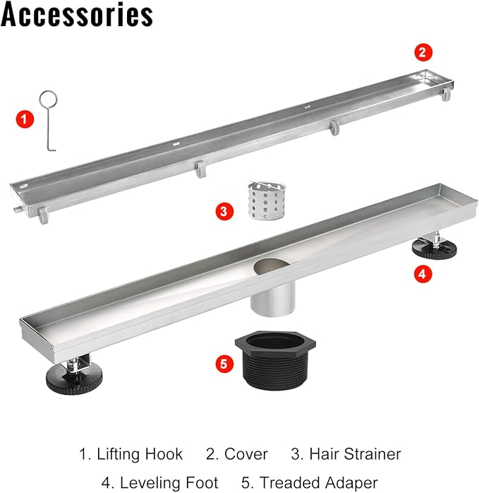 SaniteModar Linear Shower Drain, Shower Drain 18 inch with Flat and Tile Insert 2 in 1 Panel, Brushed 304 Stainless Steel Linear Drain, with Hair Strainer and Leveling feet