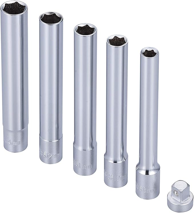 6PCS 3/8-Inch Drive Deep Metric Socket Set 6PT 8-10-11-12-14MM W 1/4-Inch Adapter- Extra Long Deep 120MM