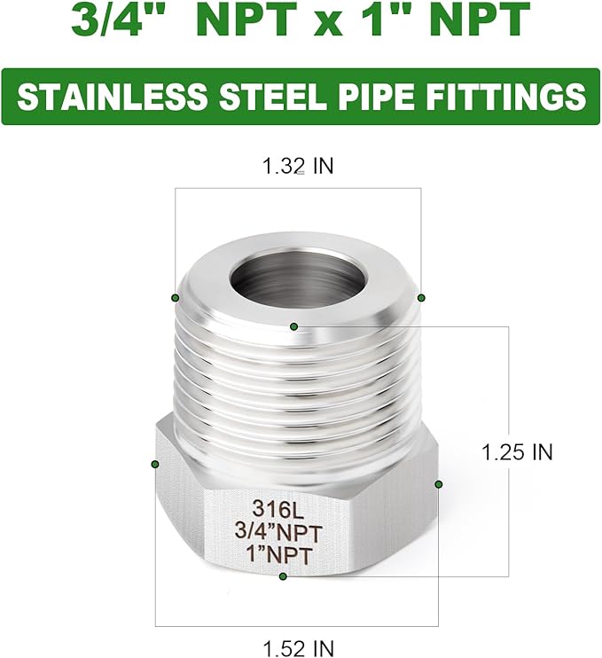 TAISHER 2PCS Forging of 316L Stainless Steel Reducer Hex Bushing, 1" Male NPT to 3/4" Female NPT, Reducing Forging Pipe Adapter Fitting
