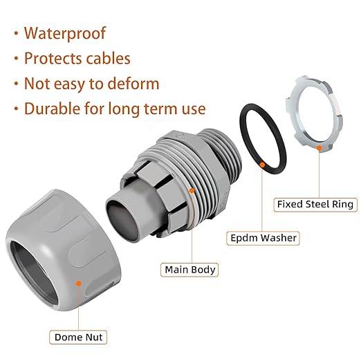 3/4 Liquid Tight Connector - 10 Pack Liquid Tight Conduit 180 Degree PVC Electrical Conduit Fitting Non Metallic Straight Flexible Conduit Connectors for Indoor Outdoor Home, Kitchen, and Bathroom
