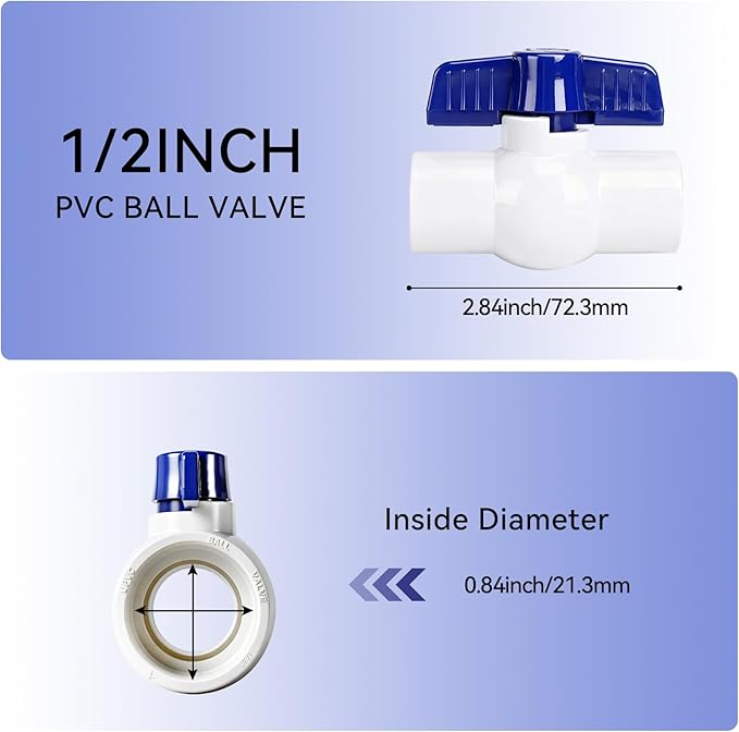10Pack 1/2" PVC Ball Valve Slip, SCH40 Water Pipe Shut-Off Valve 1/2in, T Handle Plastic Control Valve with Double Socket Full Port for Pool, Sewage Pump, Outdoor Plumbing, Irrigation System