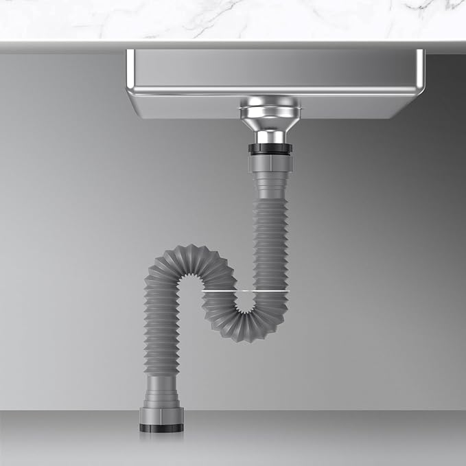 2 Packs Expandable Flexible P-Trap Pipe Kit (1 1/2" or 1 1/4") Single Kitchen Sink Drainage Solution Includes Adapter Seal Ring for Garbage Disposal - Gray