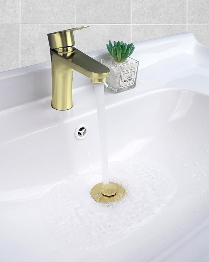 Hibbent All Metal Universal Bathroom Sink Stopper for 1.1''~2.3'' Basin, Pop Up Sink Drain Strainer, Brass Bullet Core Push Type Stopper, Stainless Steel Anti Clogging Drain Filter, Brushed Gold