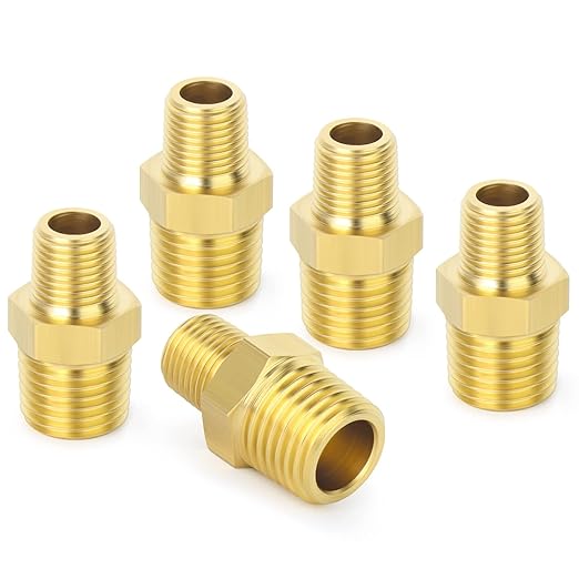 TAISHER 5PCS Brass Pipe Fitting, Reducer Adapter, Hex Nipple, 1/2-Inch Male Pipe x 3/8-Inch Male Pipe