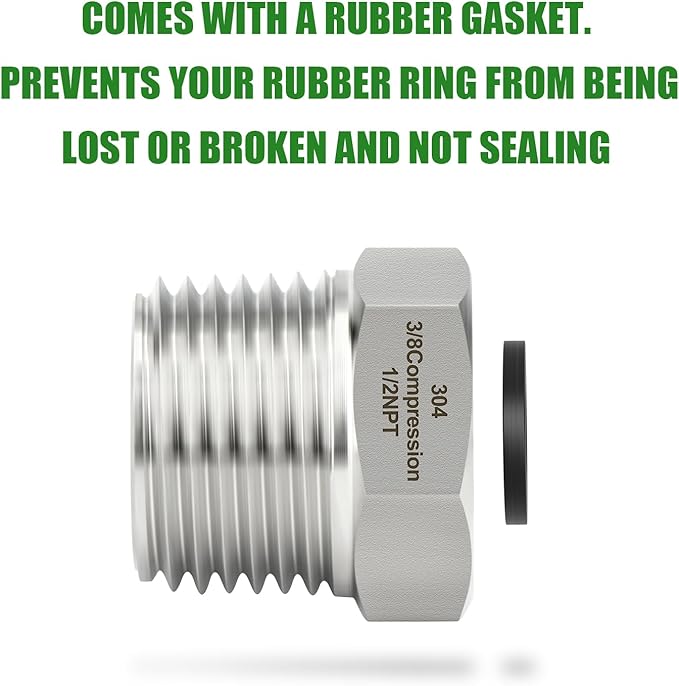TAISHER 2PCS 304 Stainless Steel Reducer Water Hose Adapter 1/2" NPT × 3/8" Compression Pipe Fitting for kitchen bathroom faucet supply line adapter with rubber gasket