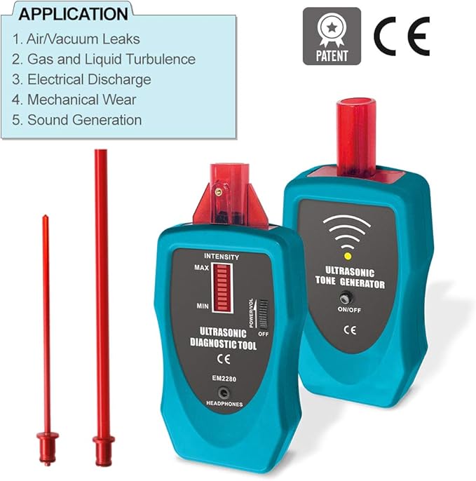allsun Ultrasonic Leak Detector Diagnostic Stethoscope 36-44kHz Air/Contact Probe,Kit w/Rotary Volume,Tone Generator,Find Vacuum Gas Seal Faults,Auto& Industrial Leak Detection Tool