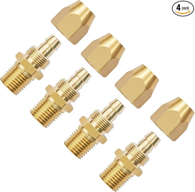4pcs Premium Solid Brass Pneumatics Reusable PU Hose-End Repair Fitting, 3/8" Barb For 3/8-Inch ID Polyurethane Air Hose With 1/4" NPT