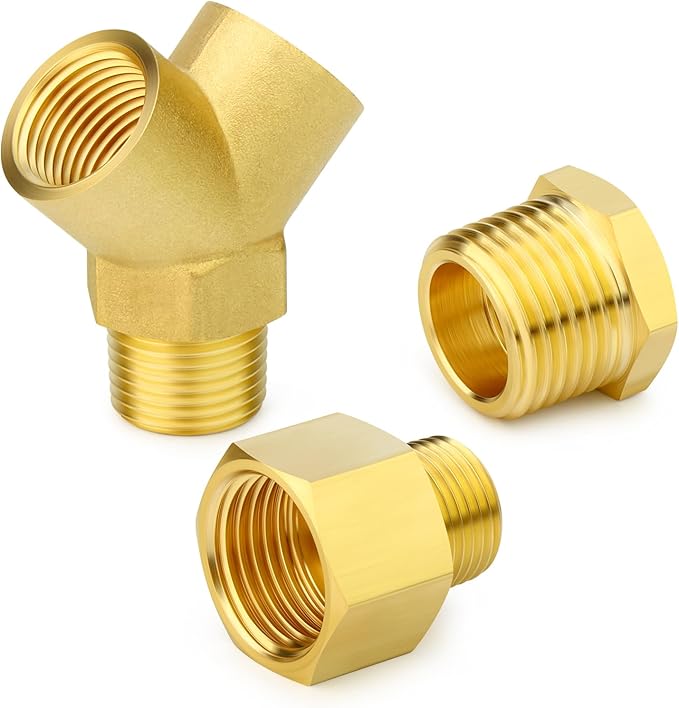 GASHER 5PCS Brass Pipe Fitting Male Branch Tee Y Adapter 1/2" NPT Female x 1/2" NPT Female x 1/2" NPT Male
