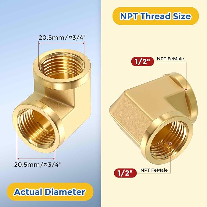 5 Pack Brass Pipe Fittings, 90 Degree 1/2" FeMale NPT to 1/2" FeMale NPT Barstock Street Elbow with Sealing Tape, Forged Pipe Fitting Connector for Air, Oil, LP