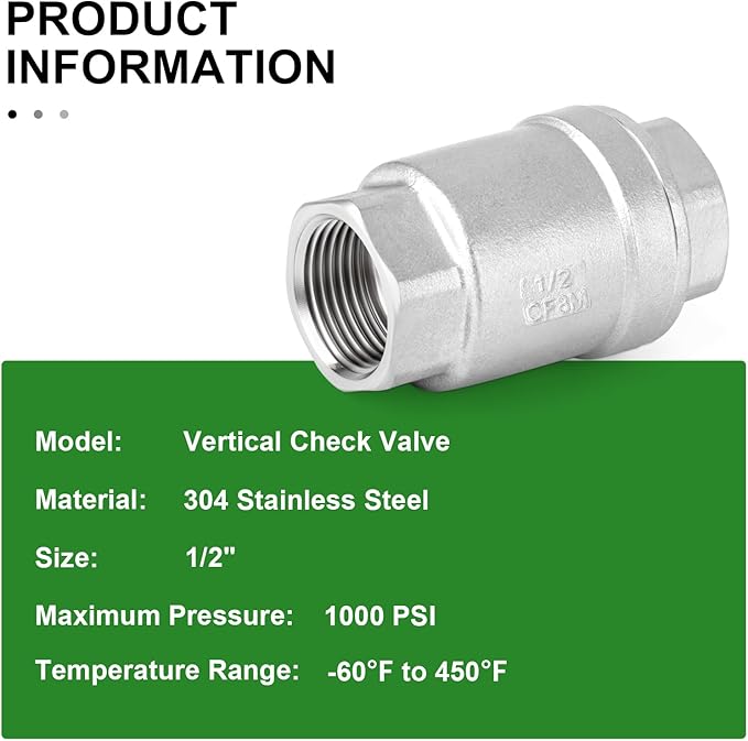 TAISHER 1PCS 304 Stainless Steel 1/2" Female Vertical Check Valve，Backflow Prevention, One Way Spring Check Valves CF8 WOG 1000