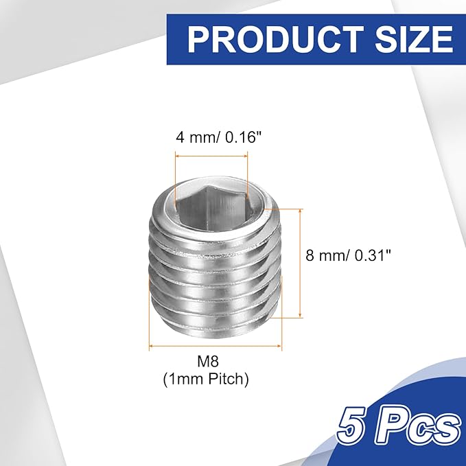 PATIKIL 5 Pcs 304 Stainless Steel Pipe Plug M8 x 1 Male Internal Hex Thread Socket Pipe Plug Hex Countersunk Pipe Fitting for Sealing Water Oil Gas Pipeline, Silver