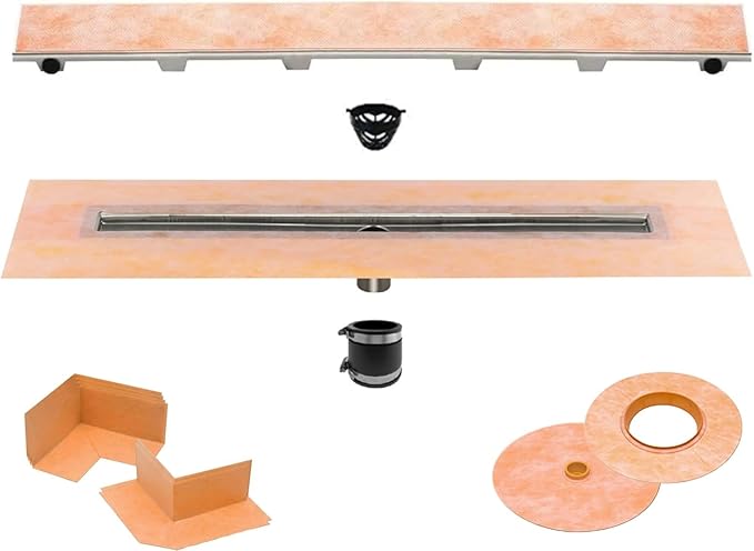All-in-one Waterproof Linear Shower Drain Kit with 60 Inch Center Outlet Channel Body (KL1V60E150) and Drain Grate Assembly (Cover) in Tileable Design(KL1DRE150)