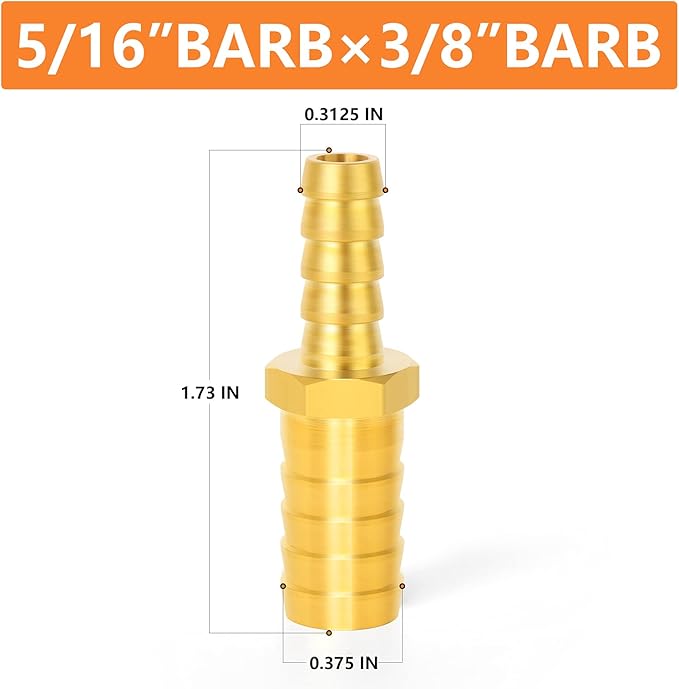 GASHER 10 Pieces Brass Hose Barb Reducer, 3/8 Inch to 5/16 Inch Hose ID with 20 Hose Clam, Brass Barb Reducer SPLICER Fitting Fuel/AIR/Water/Oil/Gas/WOG