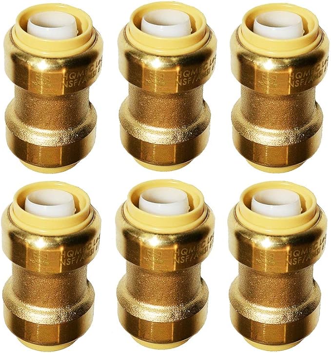 HQMPC Straight Coupling Push Fit PEX Fittings, 1/2" Push-to-Connect Copper, CPVC, Lead No Pb Brass Plumbing Fittings (6, 1/2 Inch(1/2"))
