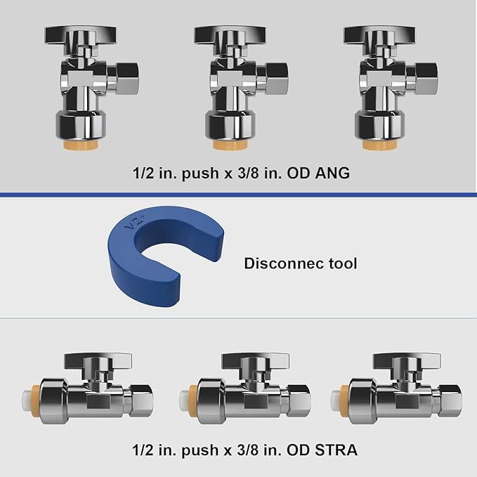 (Pack of 6) Push Fit 1/4 turn Stop Water Shut Off Valve Value Pack 3pcs 1/2 push fit x 3/8 OD Straight Stops & 3pcs 1/2 push fit x 3/8 ODAngle Stops For PEX, CPVC, Copper, LF Brass…