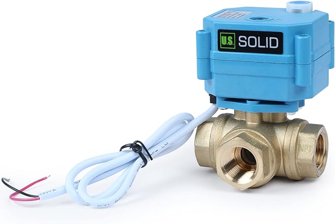 U.S. Solid 1/2" 3 Way Brass Motorized Ball Valve L Type AC/DC9-24V, Water Shutoff Valve with Manual Function, Standard Port, NOT for Drinking Water