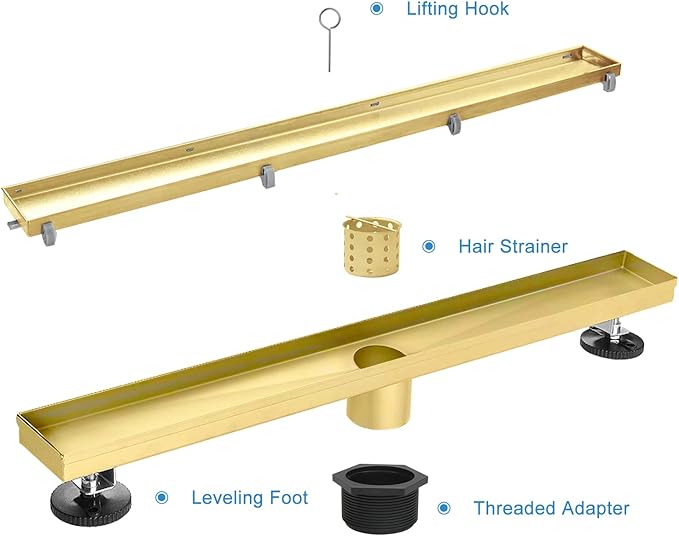 Linear Shower Drain, 36 inch Gold Drain with Tile Insert 2-in-1 Panel, Brushed 304 Stainless Steel Gold Shower Floor Drain, Linear Drain with Hair Strainer and Adjustable Feet
