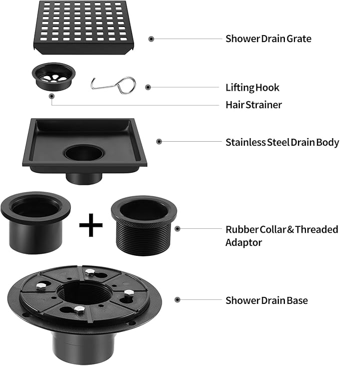 Shower Drain, Matte Black 6 inch Square Shower Floor Drain with Flange, Removeable Grid Panel SUS 304 Stainless Steel Square Shower Drain