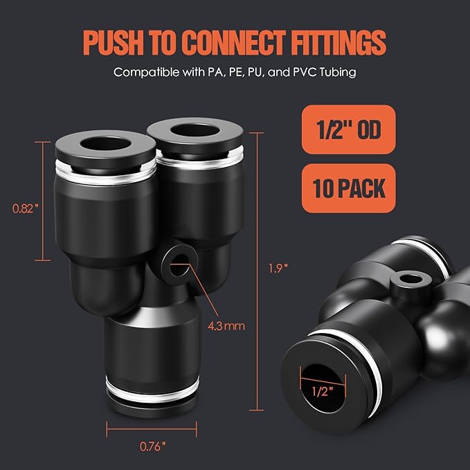 1/2" OD Push to Connect Fittings – Air Line Splitters Connectors, Quick Connect Pneumatic Fittings, Push Lock Air Hose Fittings for Compressor, Air Tools & Tubing (10 PCS)