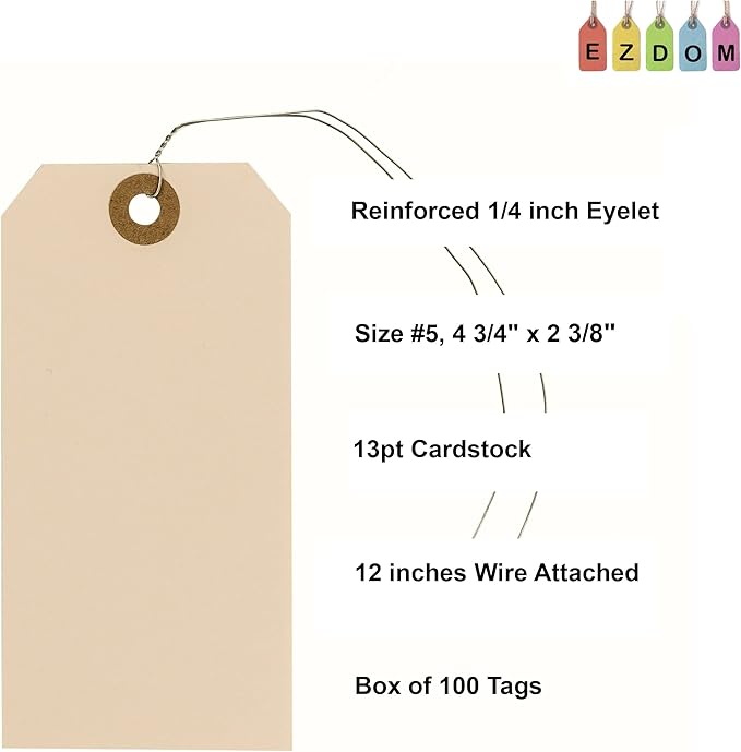 Label Tags with Wire Attached - 4 3/4" x 2 3/8" Box of 100 Blank Manila Tags with Reinforced Hole and Metal Wire Ties, Labels with Wire