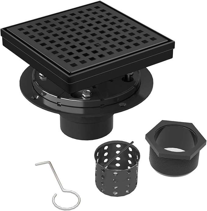 Square Shower Drain | 6 Inch AISI 304 Stainless Steel Shower Drain Kit with ABS Flange, Hair Strainer, Matte Black Shower Floor Drain with Removable Grid Cover, in Bathroom, Kitchen, Balcony etc.