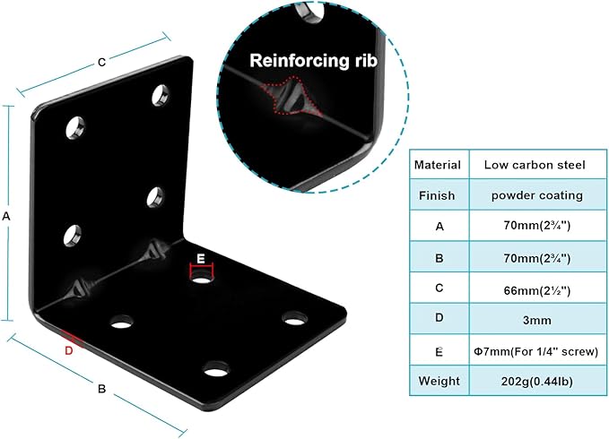 10 PCS 2-3/4" Black Steel L Right Reinforced Angle Bracket, Strengthen Design Metal Joint Support Corner Brace, Thickness 1/8", Max.Load 110 LB