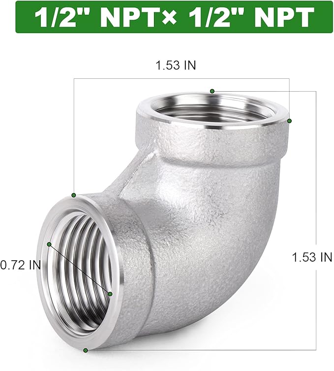 TAISHER 5PCS 304 Stainless Steel 90 Degree Elbow Fittings, 1/2 Inch NPT Female Pipe to 1/2 Inch NPT Female 304 Stainless Pipe Fitting