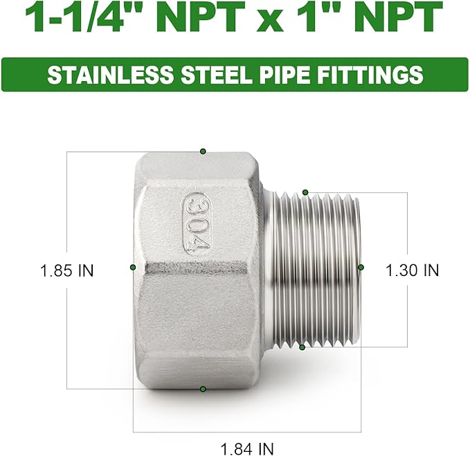 TAISHER 2PCS 304 Stainless Steel Pipe Fitting, Reducer Adapter, 1" NPT Male x 1-1/4" NPT Female