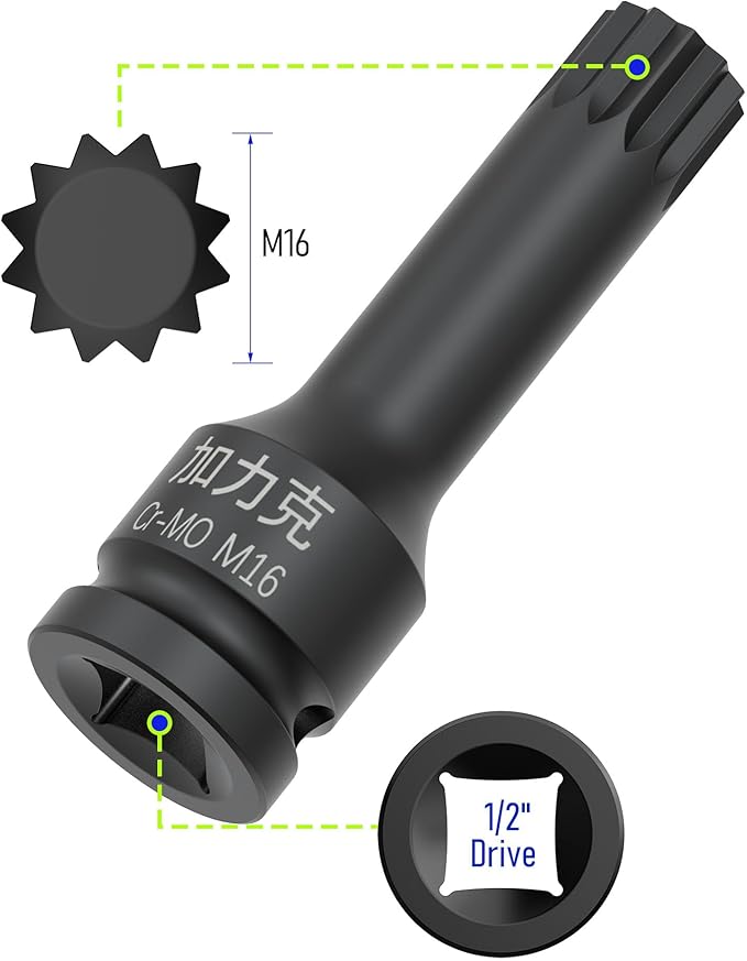 1/2-Inch Drive x M16(16mm） Impact XZN Triple Square Spline Bit Socket, Metric Lengthen Screwdriver Socket Adapter, 3-Inch Length, CR-MO Steel, One-Piece Construction, Black
