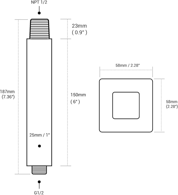 Black Shower Arm with Flange Square Ceiling Mounted Extension Pipe for Rainfall Shower Head, 6 Inches