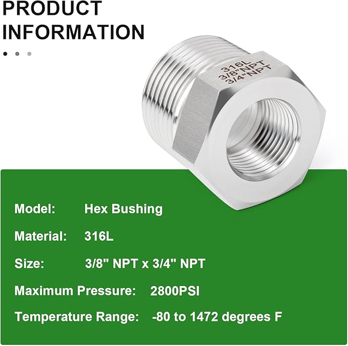 TAISHER 2PCS Forging of 316L Stainless Steel Reducer Hex Bushing, 3/4" Male NPT to 3/8" Female NPT, Reducing Forging Pipe Adapter Fitting