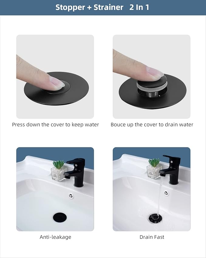 Hibbent All Metal Universal Bathroom Sink Stopper for 1.1''~2.3'' Basin, Pop Up Sink Drain Strainer, Brass Bullet Core Push Type Stopper, Stainless Steel Anti Clogging Drain Filter, Matte Black