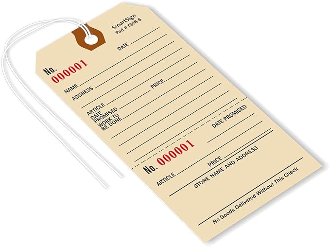 SmartSign (Pack of 100) 5.25 x 2.625 inch Numbered Repair Tags with Pre-Attached String and Stub (Size - 6), 10 Point Manila Cardstock
