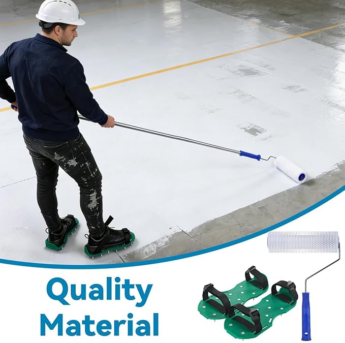 Premium 9 Inch Self Levelling Screed Spiked Paint Roller Kit with Handle + 1 Pair of Spiked Shoes for Garage Floor Epoxy Cement Shoes, Concrete Tools, Essential Tiling Finishing decking Compound rake